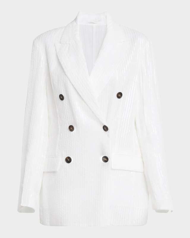 Sequined Stripe Double-Breasted Organza Jacket